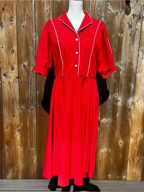 Avon Fashions Red Vintage-Inspired Button Front Midi Dress with White Piping